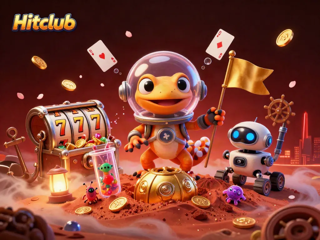 Hitclub's vibrant casino scene with a Martian gecko discovering treasures among lively game symbols.