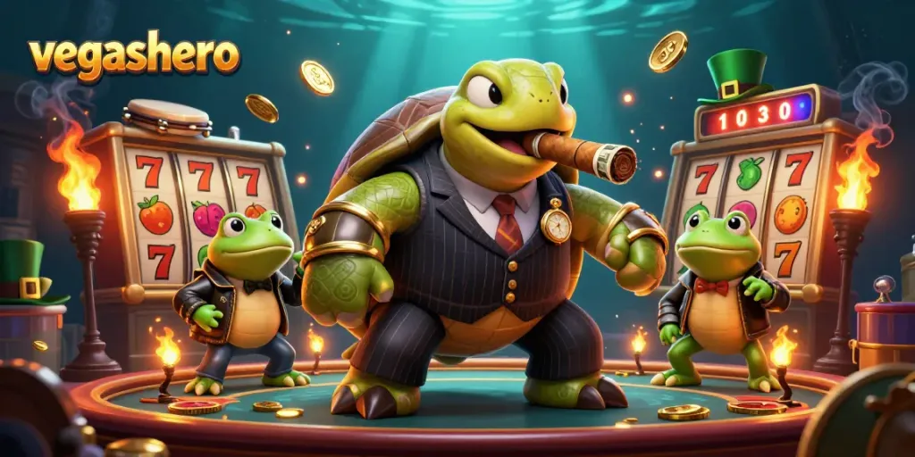 Experience vegashero with a thrilling casino scene featuring a turtle mobster and colorful slots.