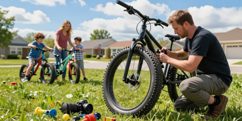 Fatbike reparatie door een mobiele monteur in de tuin met gereedschap.