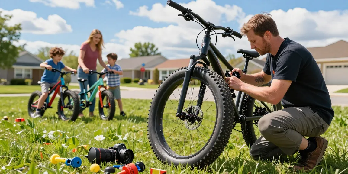 Fatbike reparatie door een mobiele monteur in de tuin met gereedschap.