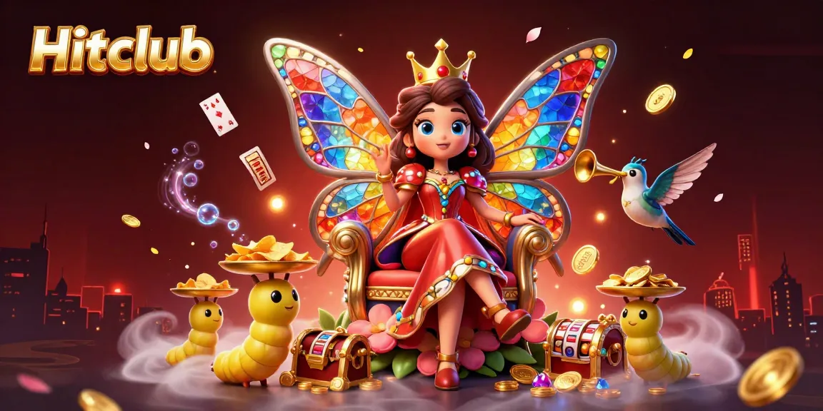 Engage in thrilling gameplay at Hitclub with a vibrant 3D illustration showcasing a dazzling butterfly queen and casino elements.