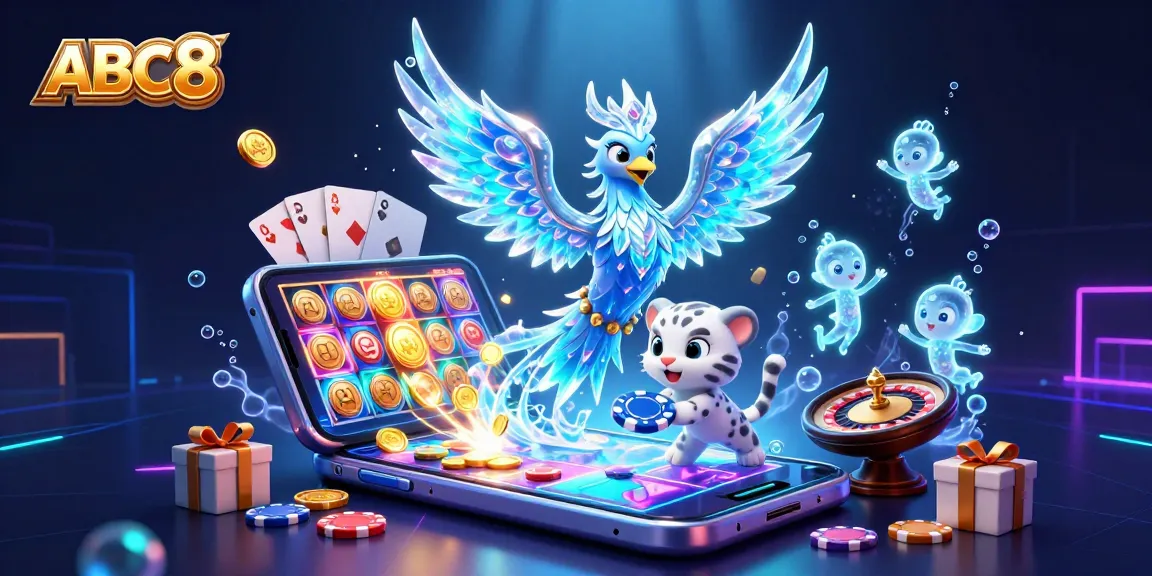 Spin to win with ABC8's vibrant casino characters and gaming elements in an enchanting scene.
