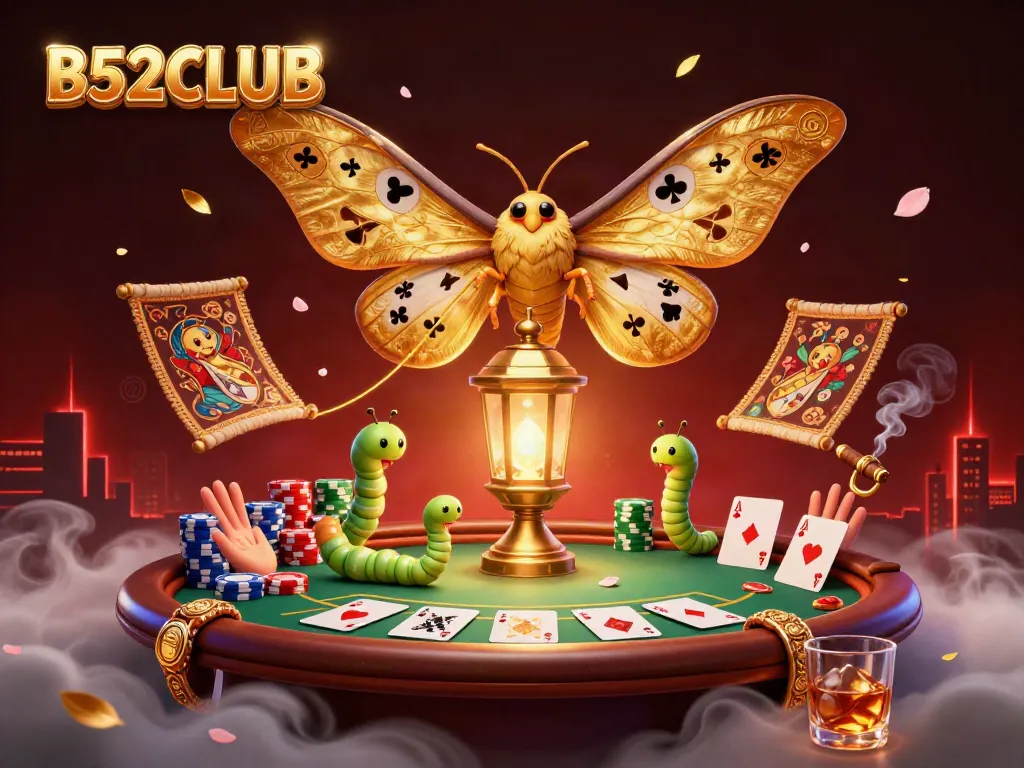B52CLUB lively gaming scene with a majestic moth, poker table, and vibrant casino atmosphere.