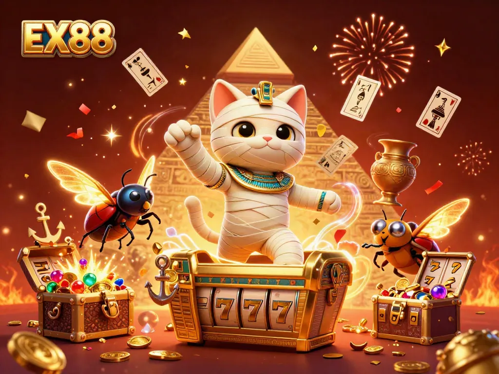 Engage with EX88's vibrant pyramid casino scene featuring a mummy cat and slot reels.