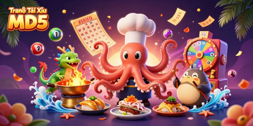 Engage with Trang Chủ Tài Xỉu MD5 in this dynamic illustration of an octopus chef, dragon, and tanuki in a vibrant casino setting.