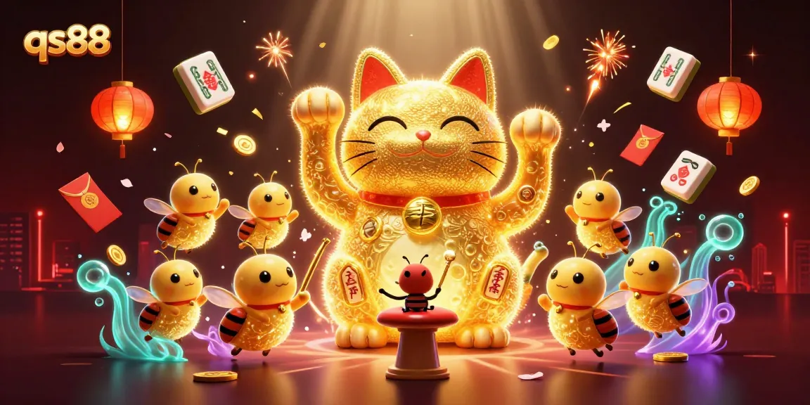 qs88 creates excitement with a golden cat and vibrant casino symbols in a lively 3D scene