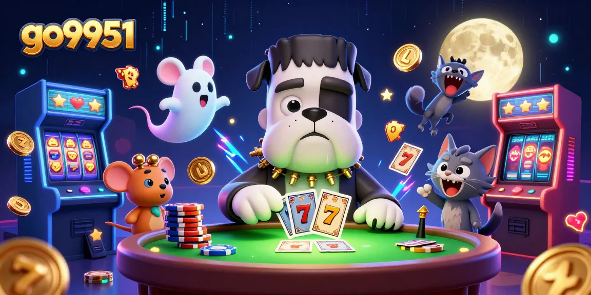 Engage with go9951 as the Frankenstein bulldog monster deals cards among lively slot machines and gold elements.