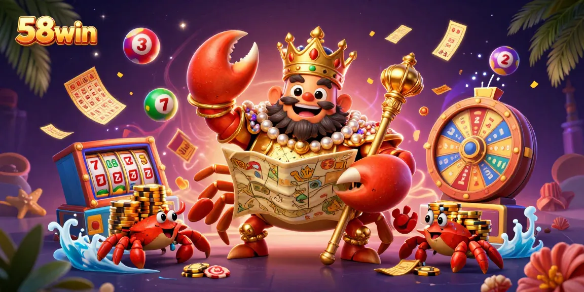 Engage in exciting games at 58win with a vibrant casino scene featuring a golden crab and lottery elements.