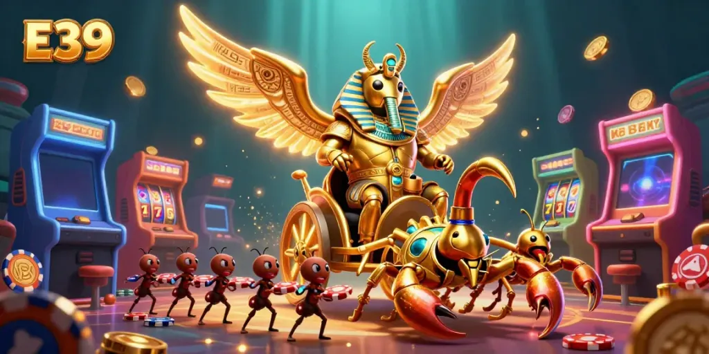 Experience the thrilling adventures of E39 as a golden scarab beetle navigates the vibrant casino world.