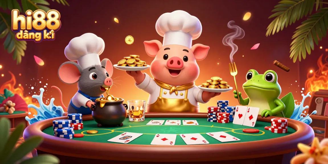 Experience hi88 đăng ký with vibrant casino action featuring a chef character and poker elements.