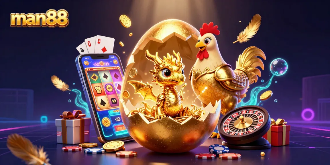 Experience thrilling gameplay with man88, showcasing a golden dragon surrounded by poker chips and vibrant slot game elements.