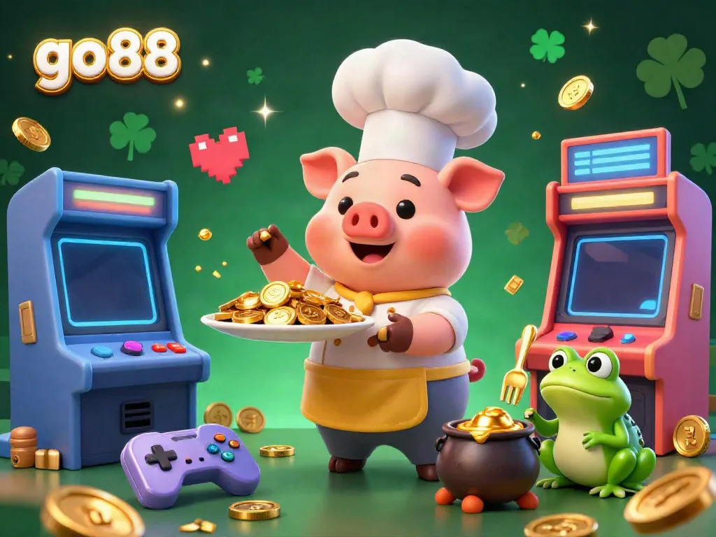 Experience the excitement of go88 with a chef pig serving gold coins amidst glowing arcade machines.