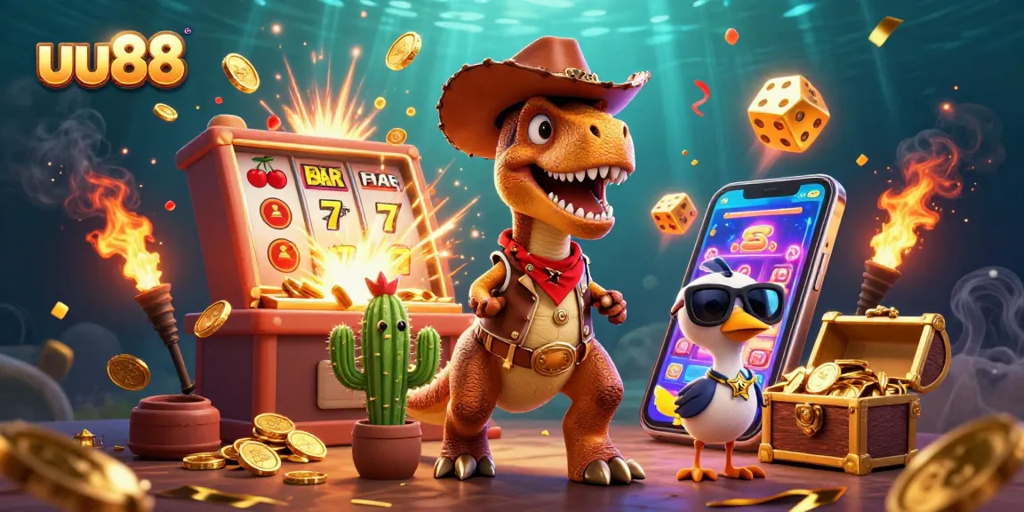 Experience thrilling gaming action at uu88 with a colorful 3D casino scene featuring a T-Rex and jackpot elements.