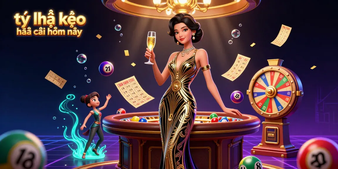 Experience the excitement of tỷ lệ kèo nhà cái hôm nay with a glamorous Asian woman at a roulette table with vibrant elements surrounding her.