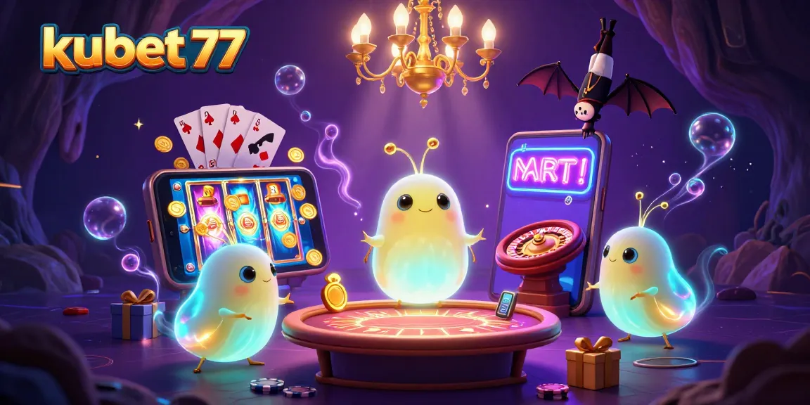 Win big at kubet 77 with an exciting 3D casino scene featuring colorful slot games and glowing effects.