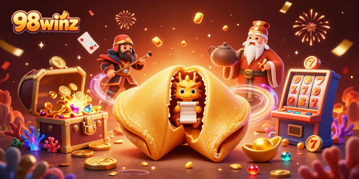 Engage with 98winz through a dynamic and vibrant casino scene showcasing gold fortune cookies and gaming elements.