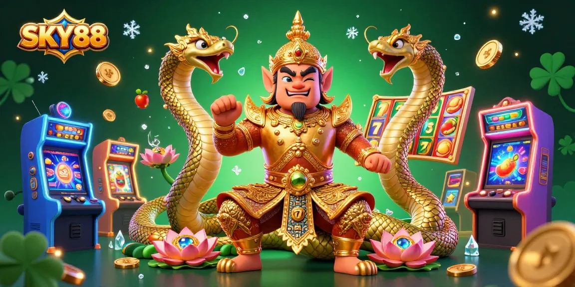 Join the exciting gaming action at SKY88 with vibrant slot machines and a mystical guardian duo.