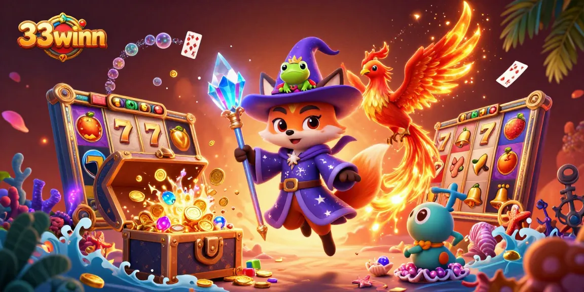 Engage in exciting gaming with 33winn, featuring rich visual elements like slots and vibrant characters.