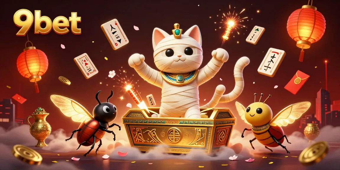 Engage with 9bet's thrilling casino scene featuring an Egyptian mummy cat amid floating riches.