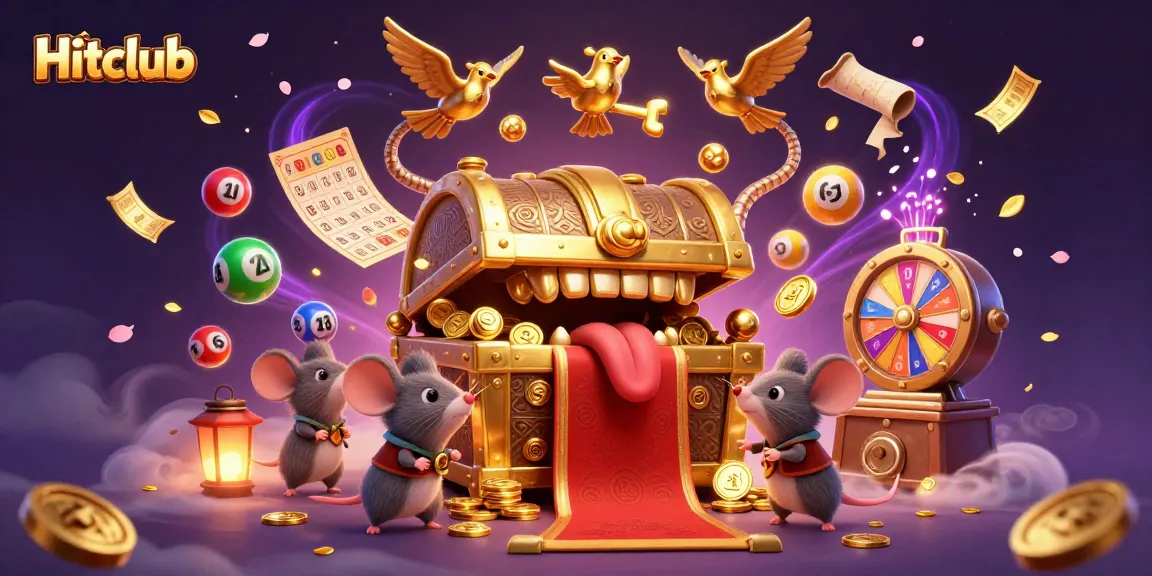 Engage with Hitclub's dynamic lottery scene featuring colorful balls and treasure chest adventure.