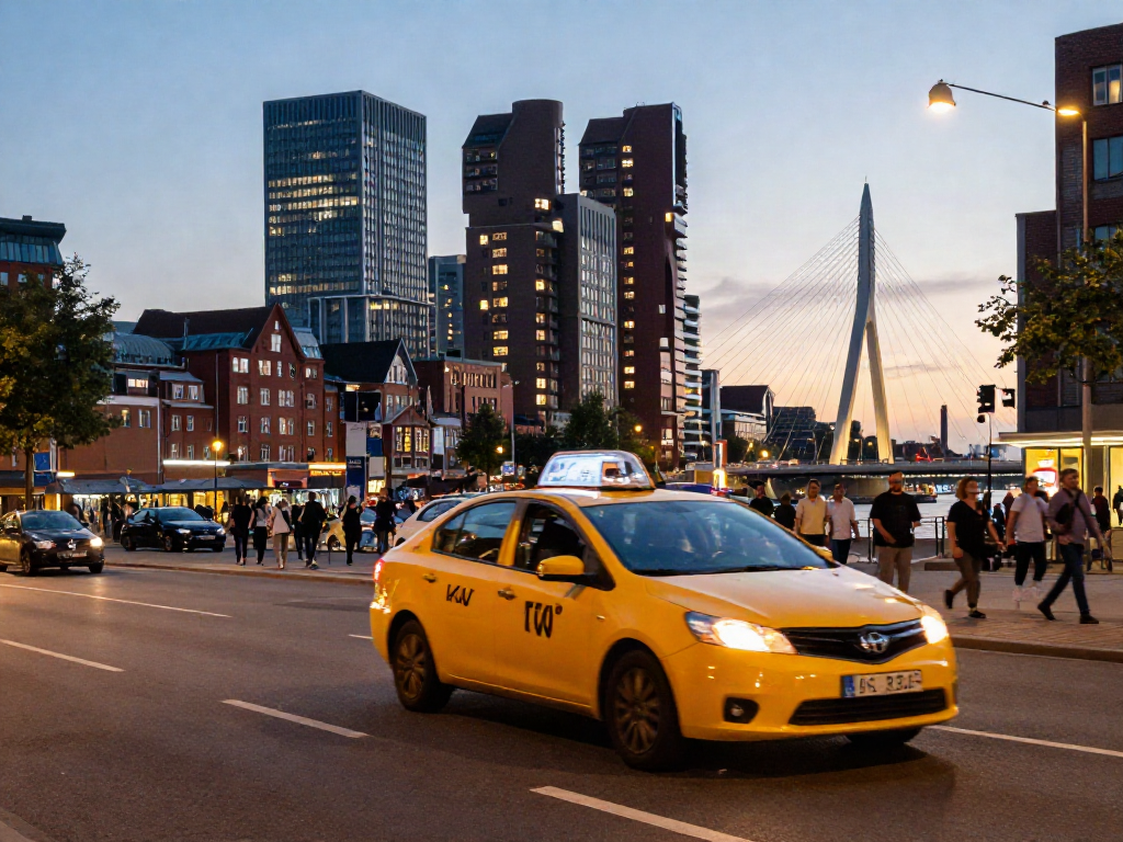 Taxi Rotterdam rijdt door de stad Rotterdam met de Erasmusbrug op de achtergrond.