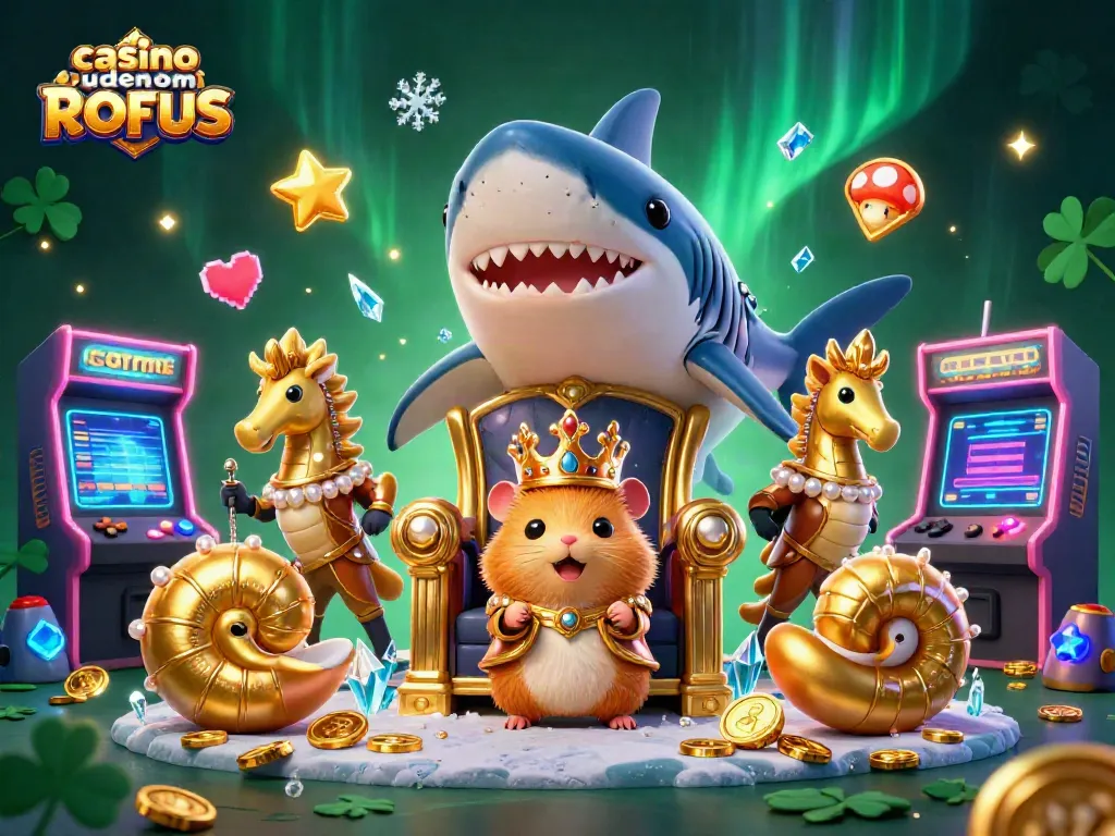 Engage in fun at casino uden om ROFUS with a fierce hamster king and seahorse guards in a vibrant arcade.