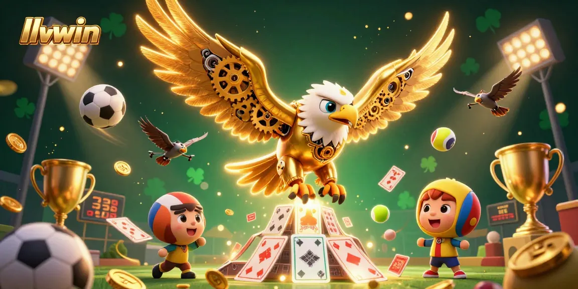 Experience thrilling gaming with llwwin as a golden eagle dives through holographic cards.