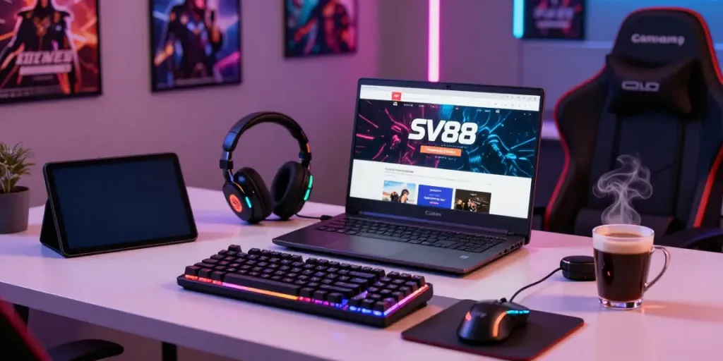 Explore SV88 gaming experience on a laptop surrounded by vibrant accessories for immersive fun.