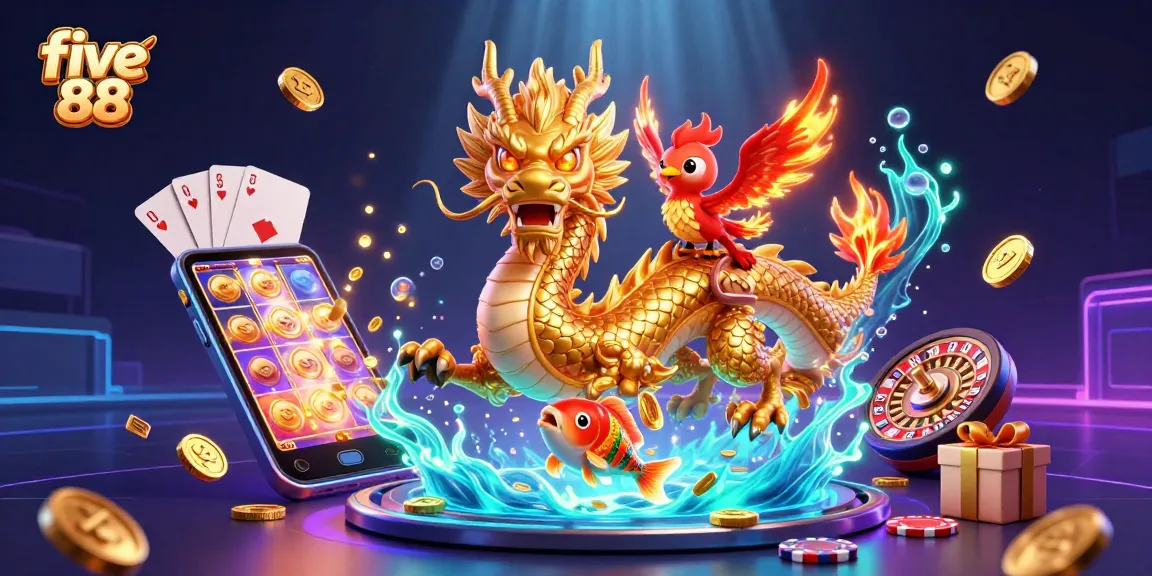 Engage with five 88 gaming excitement featuring a golden dragon, phoenix, and koi amidst slot machines.