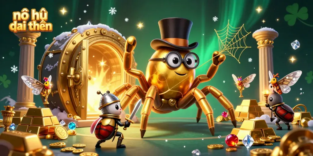 Experience the thrill of nổ hũ đổi thưởng with a vivid 3D scene featuring a giant golden tarantula and a beetle knight.