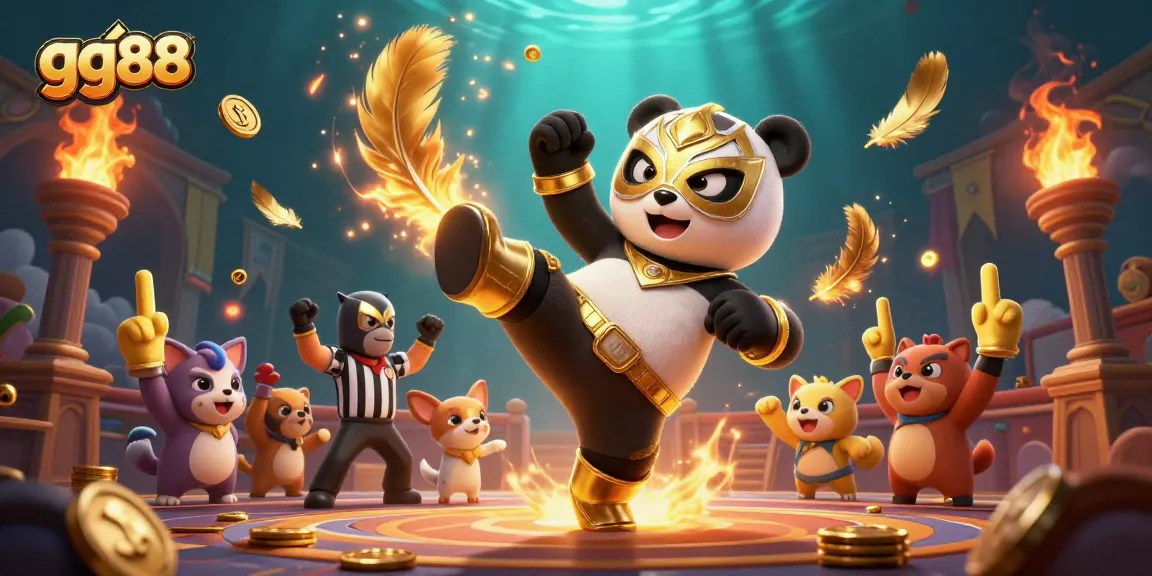 Engage with gg88's vibrant casino action featuring a wrestling panda and excited spectators.