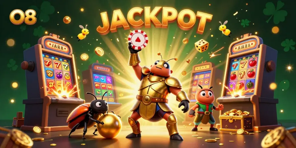 O8 illustrates winning with Hercules beetle celebrating a casino jackpot surrounded by vibrant gaming elements.