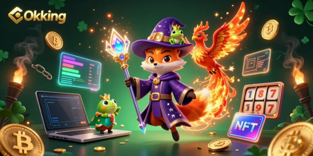 Win big with Okking's magical 3D casino characters, vibrant coins, and immersive gambling elements.