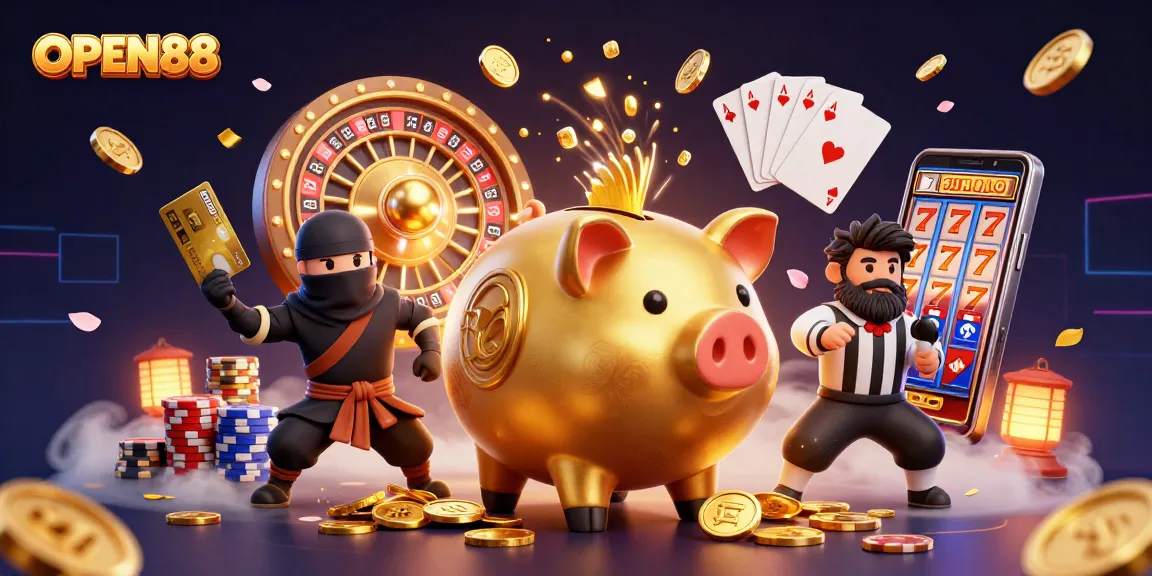 Experience thrilling gaming at OPEN88 with vibrant characters and rich casino elements in a dynamic scene!
