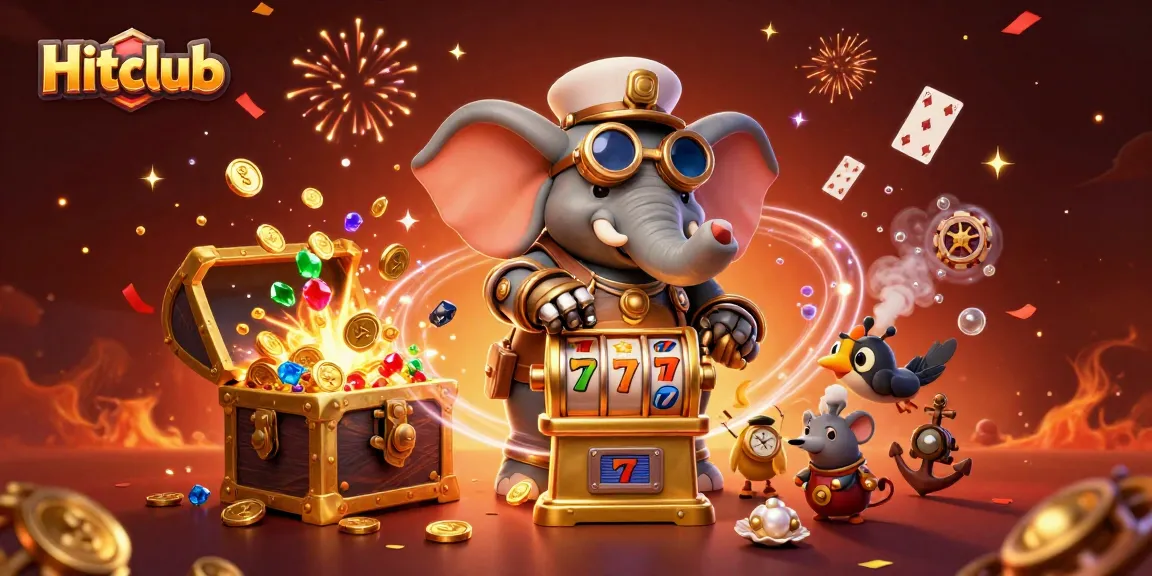 Hitclub offers a dynamic gaming experience with a cartoon elephant engineer operating a winning slot machine amid gold coins and festive effects.