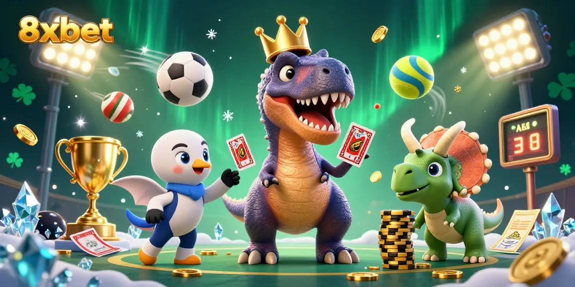 Bet big and win with 8xbet as a T-Rex plays cards while friends stack gold chips.