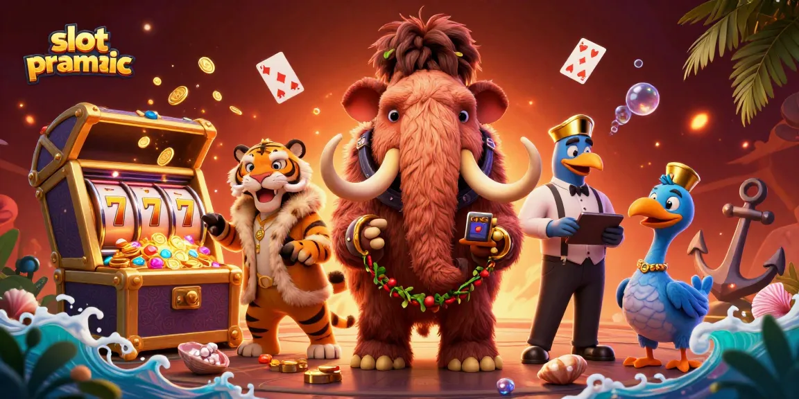 Permainan slot pragmatic dengan karakter menarik seperti mammoth, harimau dan burung dodo, dikelilingi oleh elemen kasino menarik.