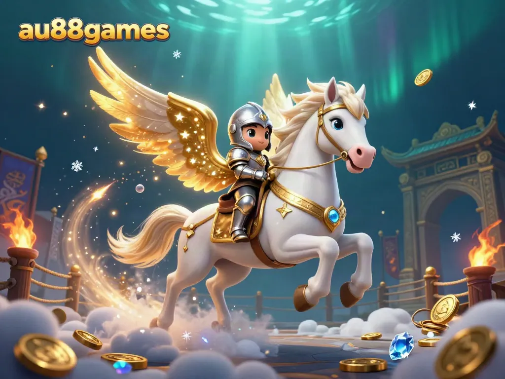 Experience the thrill of au88games with a majestic scene, showcasing a celestial horse and knight amidst vibrant casino elements.
