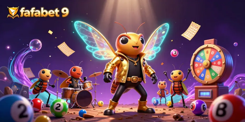 Experience the thrill of fafabet 9 as cicada rock stars and a beetle drummer perform amidst vibrant casino elements.
