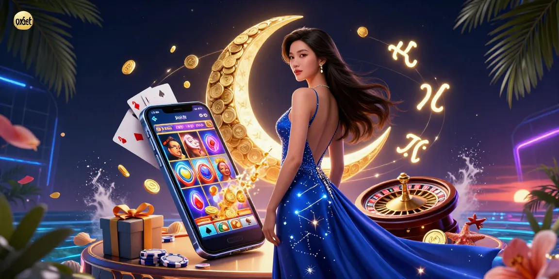 Spin and win on oxbet with a colorful 3D slot game illustrated by an elegant Asian woman and vibrant casino elements.