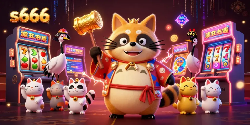 S666's dazzling casino scene with cheerful tanuki and lucky symbols enhancing the gaming experience.