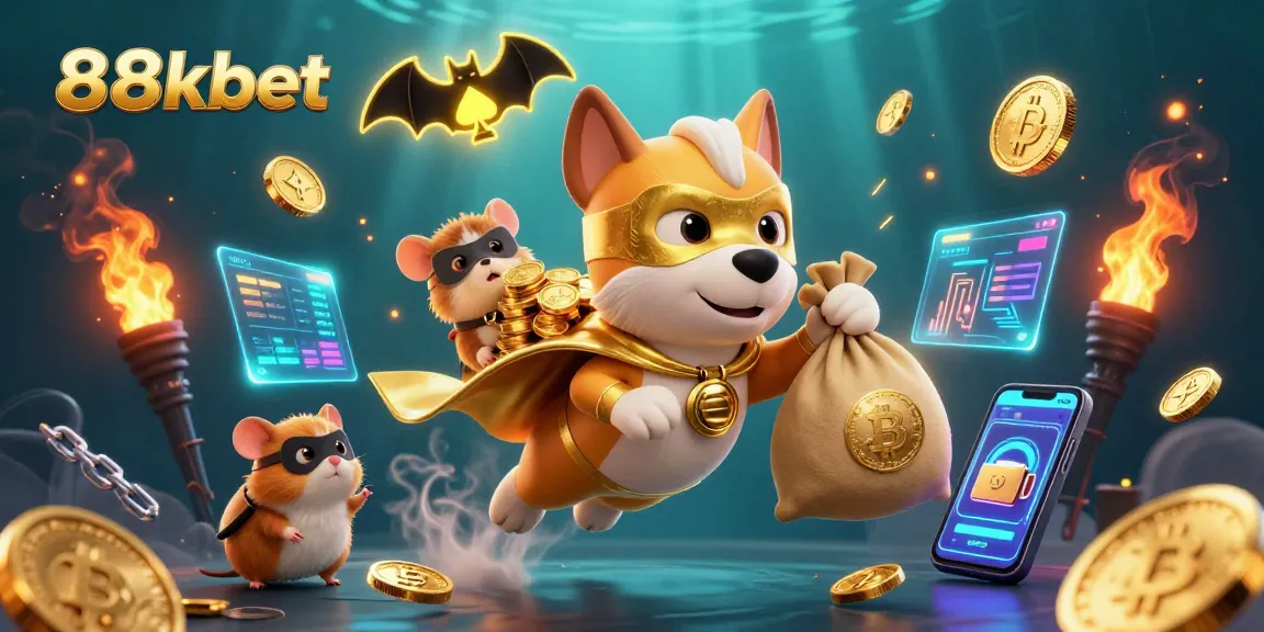 Experience the thrill of gaming with 88kbet as a heroic dog and hamster gear up with gold coins and crypto elements.
