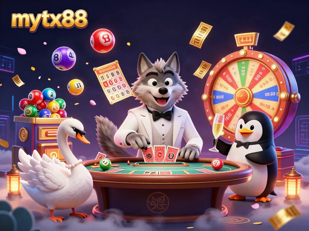 Experience exciting gameplay with mytx88 featuring a debonair wolf at a baccarat table surrounded by vibrant gaming elements.