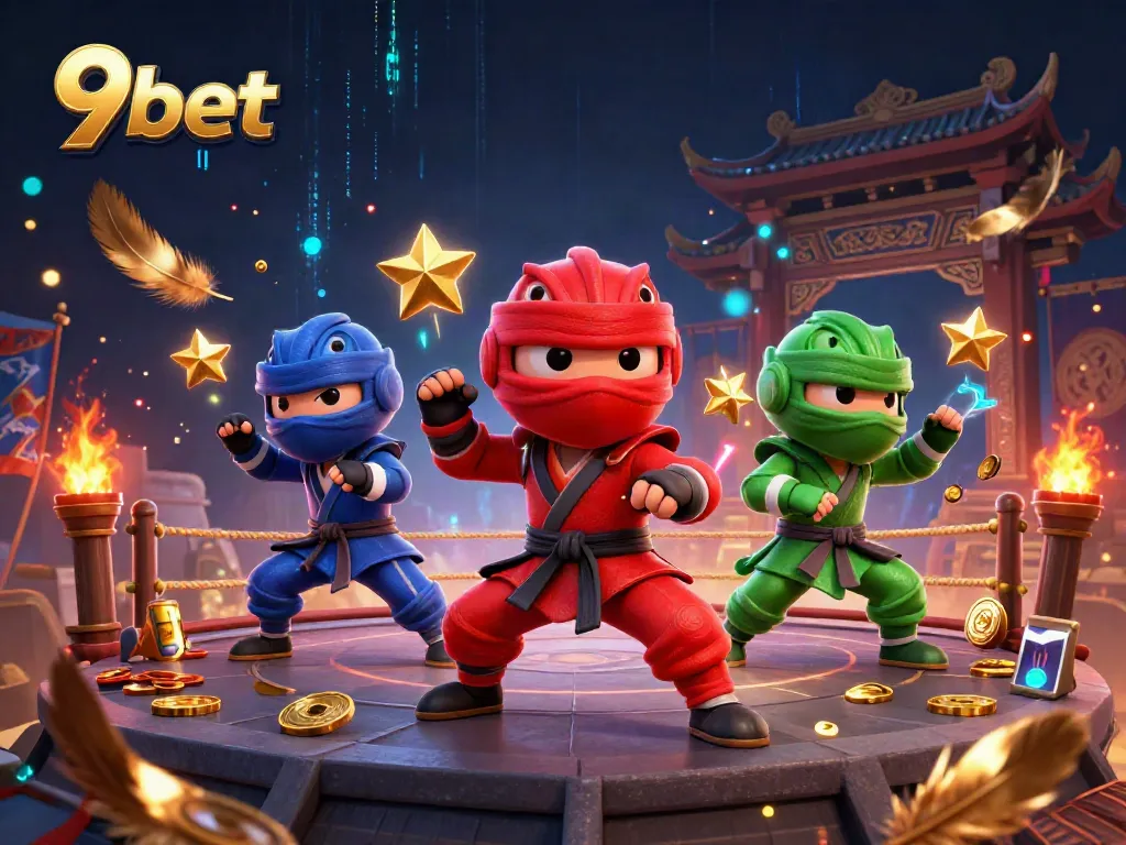 Action-packed scene featuring ninja chameleons performing martial arts under a vibrant 9bet casino theme.