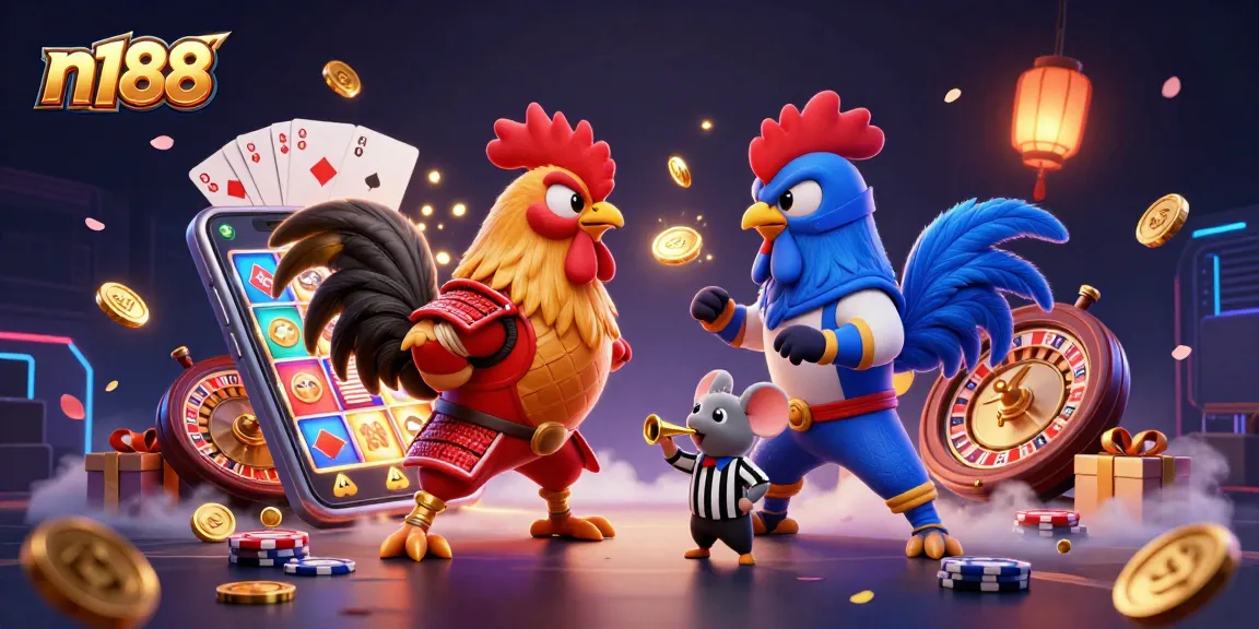Experience thrilling cockfighting action at n188 with dynamic 3D roosters and vibrant casino elements.