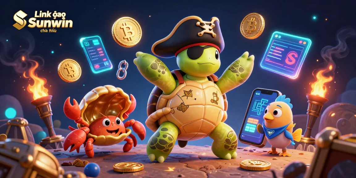 Engage with the exciting Link vào Sunwin chính thức, featuring vibrant 3D pirate characters and crypto elements.