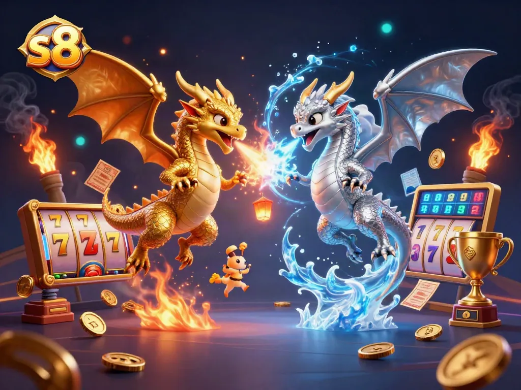 S8's casino world comes alive with dragons and vibrant slot machine elements enhancing the gaming experience.