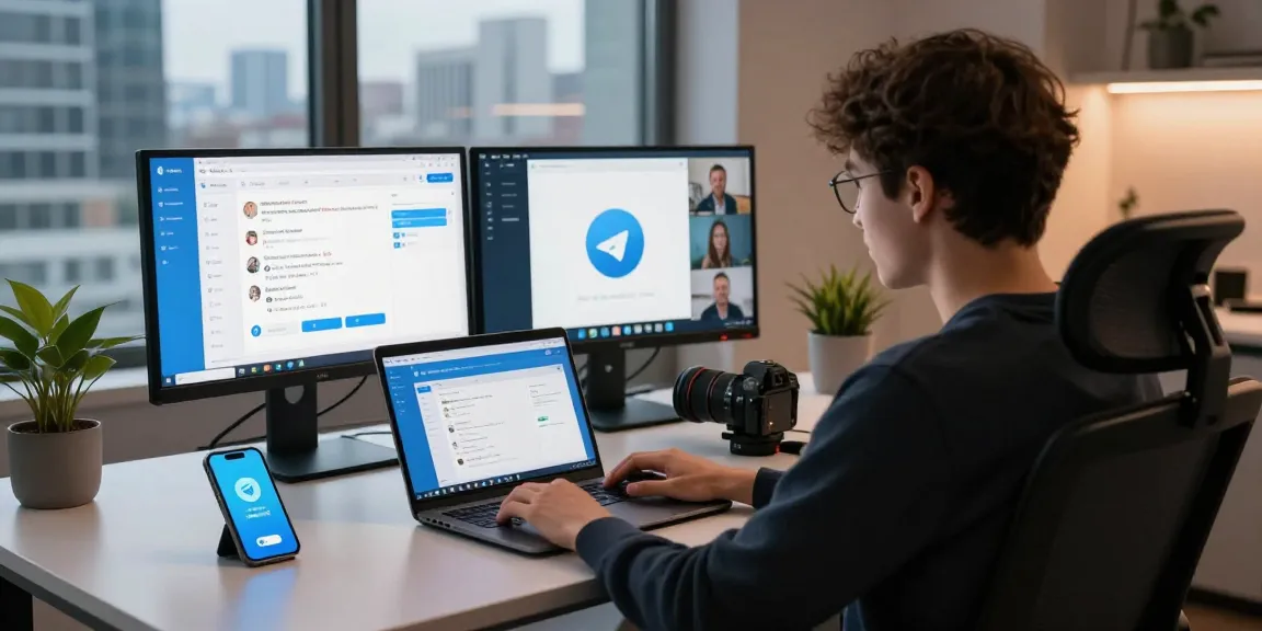 Using Telegram Web in a modern workspace with dual monitors and laptop.