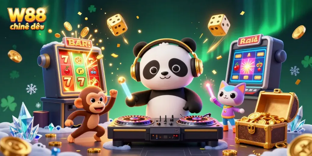 Create a thrilling experience at W88 chính thức with this vibrant illustration featuring a DJ panda and playful characters in a festive casino atmosphere.