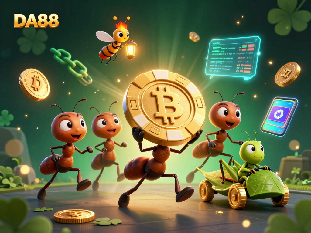 Join the adventure at DA88, where ants hilariously heist a giant poker chip amidst crypto-themed chaos!